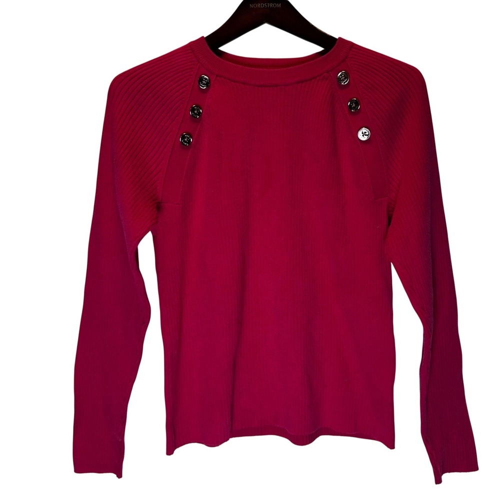 Chaps Pink Ribbed Crew Neck Long‎ Sleeve Sweater with Button Detail Size Medium